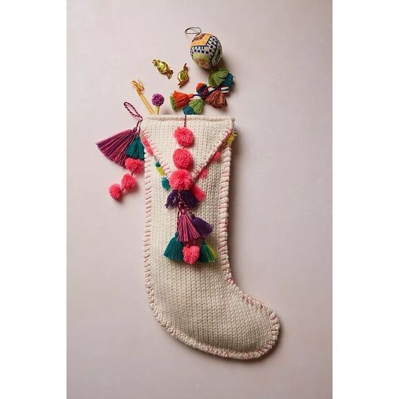 Anthropologie Pom Tassel Stocking Boho NEW - Picture 1 of 3
